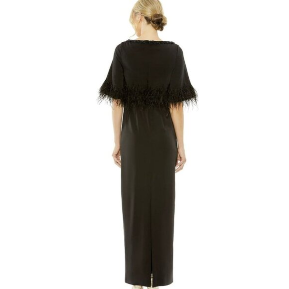 Mac Duggal Black Feather Beaded Short Sleeve Formal Gown Maxi Dress NWT Sz 10 - Picture 3 of 9